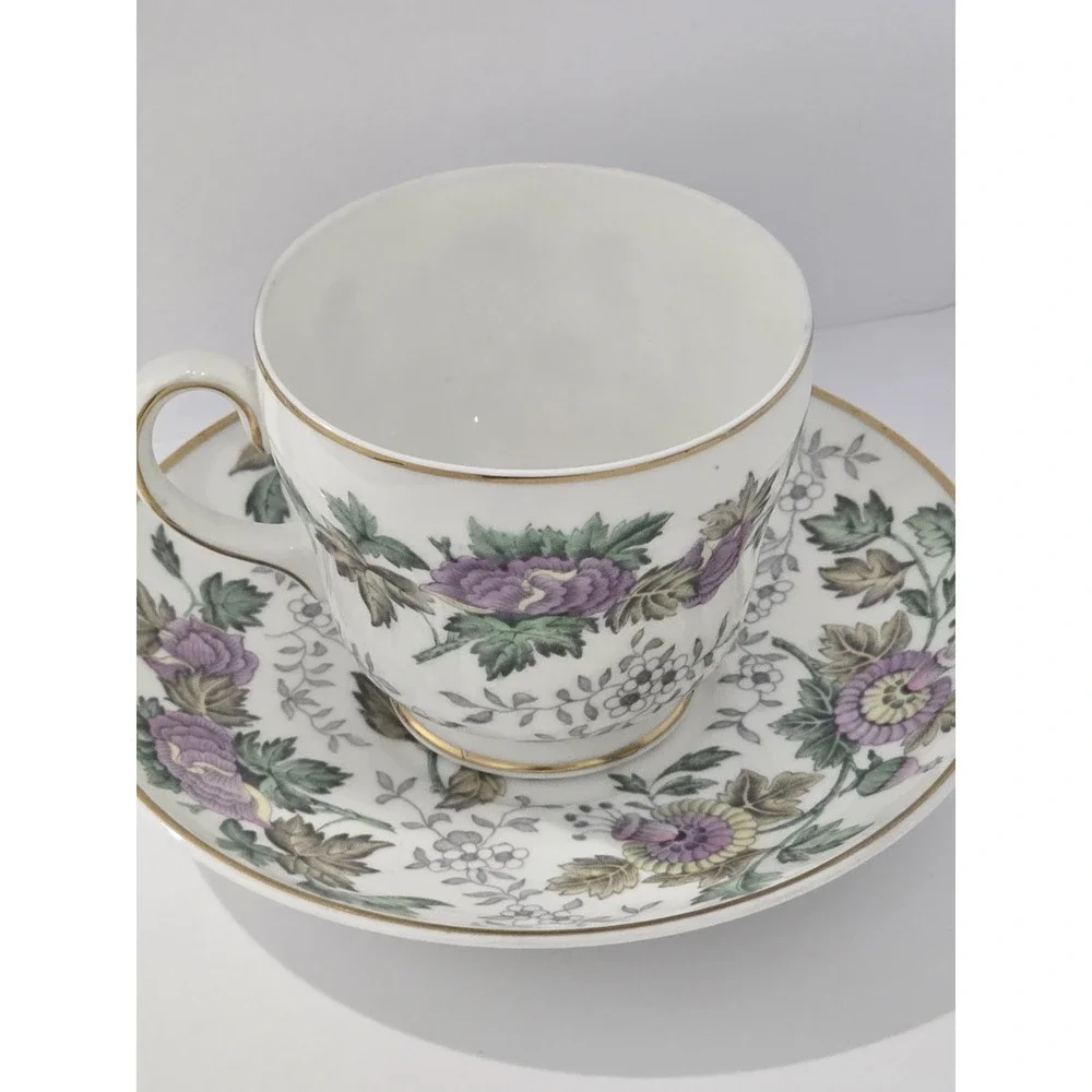 Wedgwood Avon Bone China Floral Gold Trim Cup & Saucer England Purple Floral